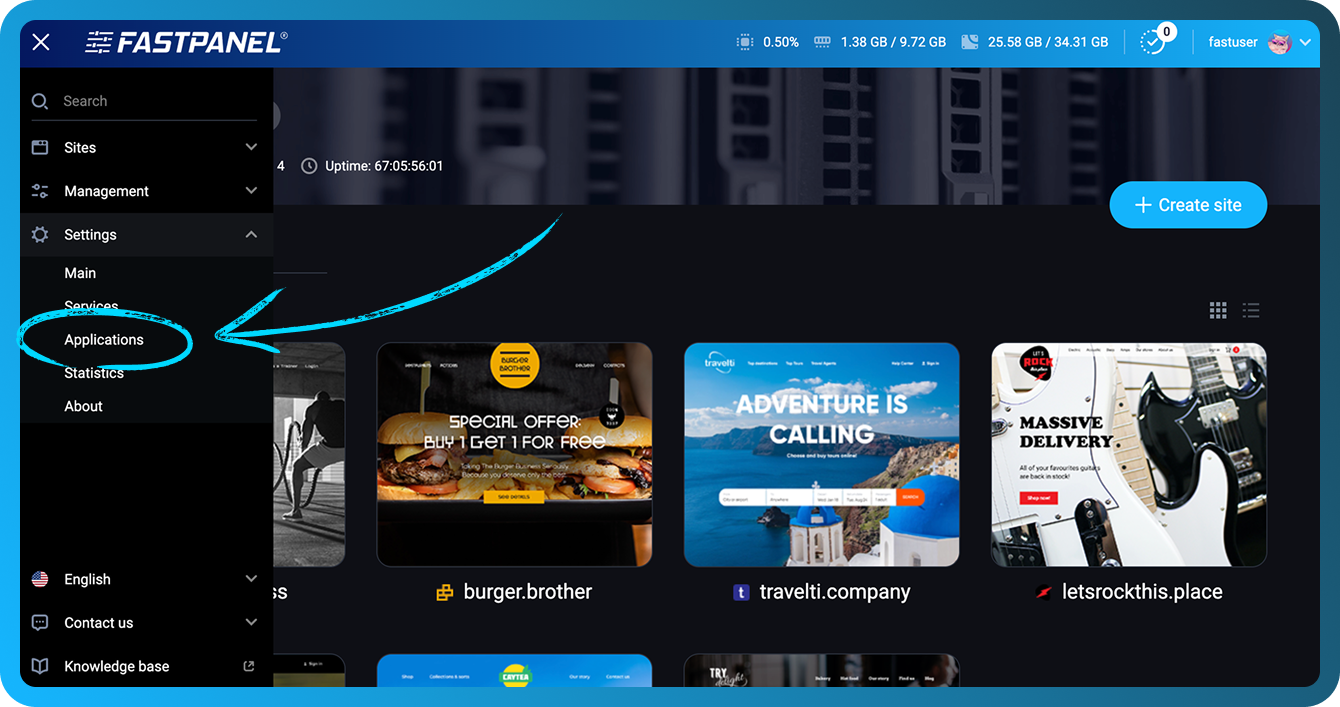 Applications section in the Fastpanel menu