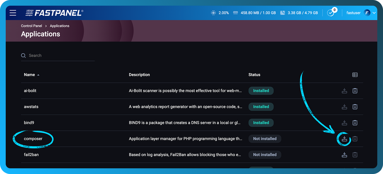 Installing Composer in Fastpanel