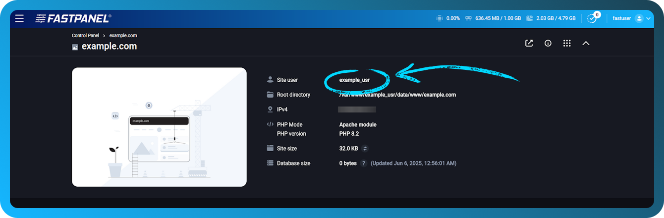 Site owner in the Fastpanel site card