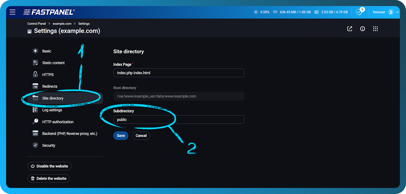 Setting the public subdirectory in the site settings