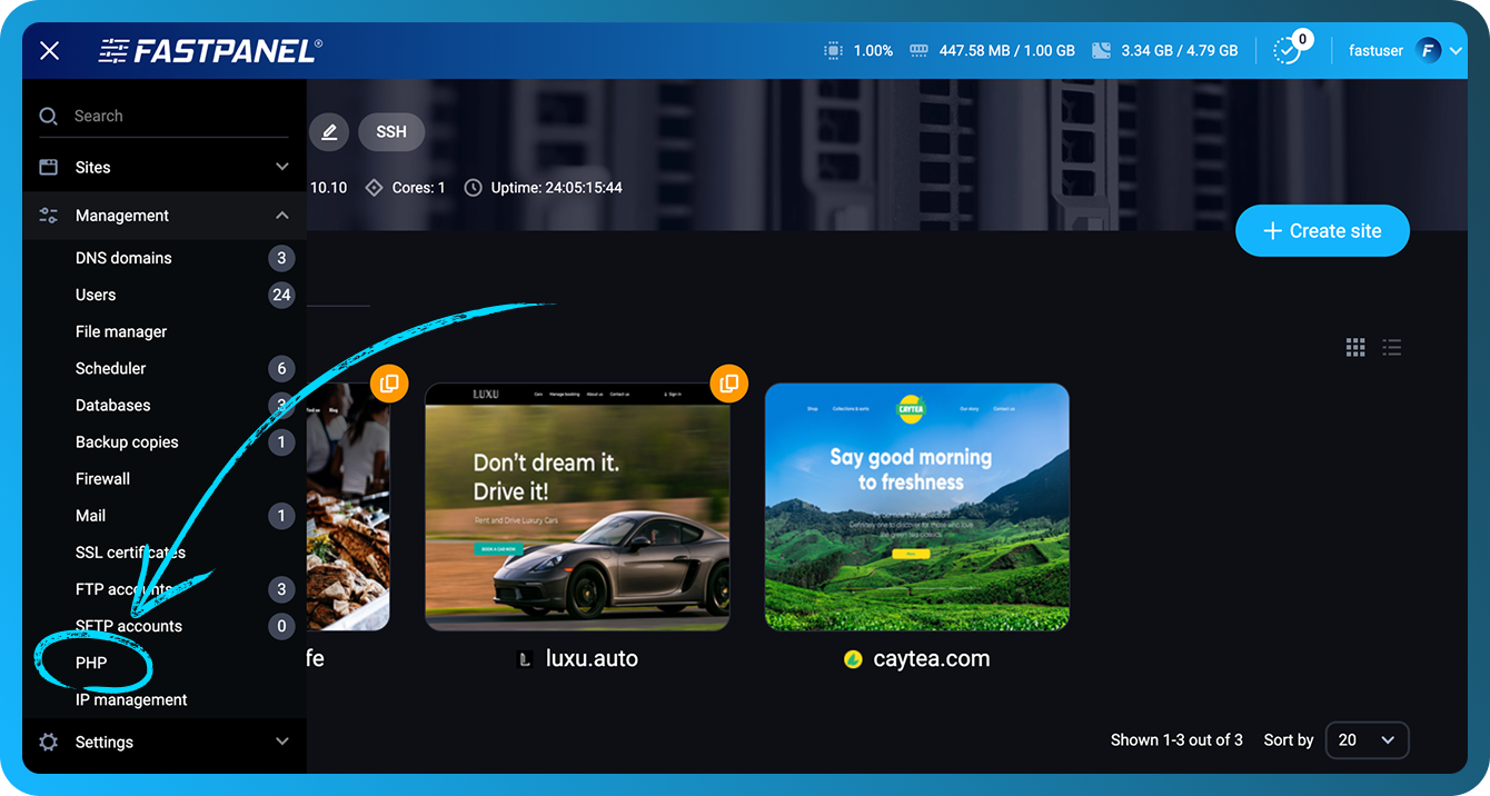 PHP section in the Fastpanel menu