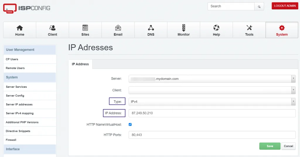 ISPConfig: Добавление IP-адресов