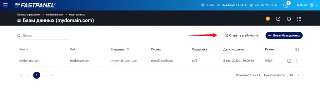 Fastpanel-де веб-сайт орналастыру